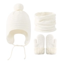 Baby winter set with white knit hat, pom-pom earflaps, scarf and fur-lined mittens - White