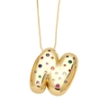 Golden balloon style letter M necklace pendant inlaid with vibrant multi-color gemstones - Style N