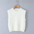 Chaleco de punto blanco para mujer con ribete de encaje en mangas y cuello redondo - S / Blanco