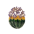 Dettaglio della spilla cactus in smalto con fiore viola e strass scintillanti su base oro - Cactus Verde con Fiore Viola (C258-B)