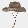 Detailed weave of dark brown straw cowboy hat with turquoise star buckle and chin strap - Coffee