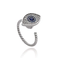 Adjustable silver spinner ring with blue evil eye zircon stones and twisted band - Evil Eye Spinner - Silver/Platinum