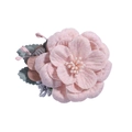 Close-up of handmade pink tweed floral hair clip with rhinestones and fabric leaves - Style 6 (Pink Brooch Style)