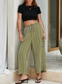 Detail of high-waist green and white striped wide-leg trousers with relaxed fit and drawstring - S / Bottoms / Army Green