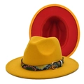 Détail du chapeau fedora jaune avec doublure rouge et ceinture serpent - M (56-58cm) / Jaune et Rouge