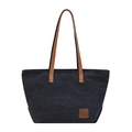 Large black canvas tote bag with brown leather handles and decorative patch - Black