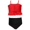 Two-piece girls' swimsuit with red ruffle top and high-waisted black bottoms - 104 / Red Top Black Ruched Bottom Set