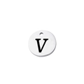 Close-up of polished stainless steel round tag featuring a stamped uppercase letter V - Letter V