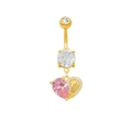 Gold belly button ring with pink heart zircon and sparkling wing details on white background - Gold Pink Heart Wing Belly Ring (BR24082301G)