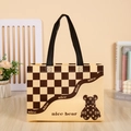 Brown checkered non-woven shopping bag with cute bear print and black handles - Cartoon Bear
