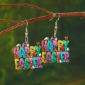 Rainbow glitter Happy Easter acrylic drop earrings with cute bunny ears and carrots - White
