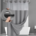 Gray and white waffle weave shower curtain with top see-through window and split rings - Light Gray