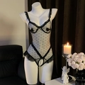 Sinnlicher gepunkteter Spitzenbody mit Perlen-Details und transparentem Mesh - Einheitsgröße (Empf. 40-60kg) / Schwarz (Perlenkette Offener Schritt Stil)