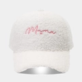 Detail of pink embroidered Mama text on a white faux shearling baseball cap for winter - Adjustable / mama White