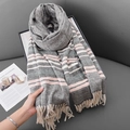 Striped wool-blend scarf with herringbone pattern and fringe in grey, white, and pink - 70*180cm / Black and Gray