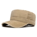 Khaki washed cotton flat top army cadet cap with vintage texture and reinforced stitching - Khaki 1