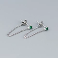 S925 sterling silver chain earrings featuring brilliant green round zircon gemstones - Platinum Color (Green Stone)