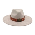 Light gray wide brim western fedora hat featuring a steer skull buckle on brown leather band - Gray