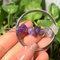 Silver circular hair clip with natural amethyst and clear quartz stones for hair styling - Silver Circle Amethyst Chips