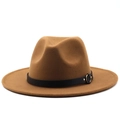Detail of camel wool fedora hat with black faux leather band and gold metal buckle - M (56-58cm) / Khaki