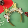 LED Christmas headband featuring golden glitter antlers with brown plush ears and colorful trim - Gold Reindeer Antlers With Ears LED Headband