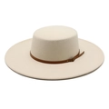 Flat top beige wool felt fedora with a dark brown leather band and metallic buckle - Size M (56-58cm) / Beige