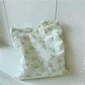 Detail of floral canvas tote bag with green leaves and pink rosebuds on off-white fabric - Water-color Floral