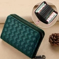 Dark green woven leather card holder with zip closure and multiple interior card slots - 9 Card Slots + 2 Coin Slots / Dark Green