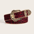 Leopard print hair-on-hide belt with ornate golden western buckle and beaded edges - Red Leopard Pattern Gold Buckle (1420)