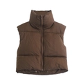 Detail view of the brown quilted vest featuring a stand collar and smooth front zipper - Coffee