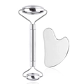 Gepolijste zilveren rvs gezichtsmassagekit met roller en hartvormige gua sha-tool - RVS Roller + Gua Sha Board
