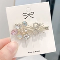 Handheld silver crystal flower hair clip with pink rhinestones and bow accent - Silver Colorful Rhinestone Flower Cluster (ak4001)