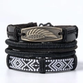 Multilayer vintage black leather and braided rope bracelet set with metal wing charm - L6-Black Vintage Wings Plate Set