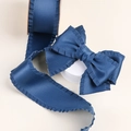 Navy blue ruffle edge satin ribbon with a matching handmade bow on white pillars - 2.5CM (10 Yards/Roll) / Belgium Blue