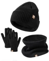Conjunto de invierno negro con gorro de pompón, braga de cuello y guantes táctiles - Conjunto negro para niños