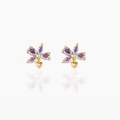 Charming purple flower stud earrings with a gold heart drop and iridescent crystals - Flower