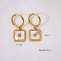 Detail of square white shell earrings in 14K gold with 14mm size and 5.6g weight - Square Shell Rhinestone Style (XB2402007-8)