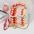 Handmade rainbow crochet crossbody bag with gold chain strap and colorful tassel details - Lime Orange