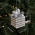 Sparkling silver gift box Christmas ornament with a bow, size 10x8cm for festive tree decor - Gift Box Pendant Style D
