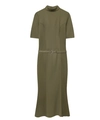 Detail of army green midi dress featuring a mock neck and waist belt with metal buckle - XS / Olive Green
