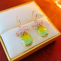 Detailed close-up of zircon butterfly drop earrings with green and pink stones - Green Butterfly Water Drop Ear Hook