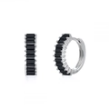 Detailed view of silver hoop earrings featuring rectangular black zircon stones - Platinum Black Zirconia