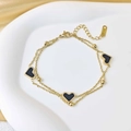 Double-layered gold stainless steel bracelet with black heart pendants and beads - Gold Black
