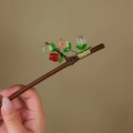 Handcrafted bamboo hair pin with colorful glass tulips in yellow red and white colors - Tulip Style (S401)