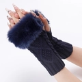 Navy blue knitted fingerless gloves with faux fur trim and cable knit texture - Navy Blue