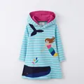 Striped girls' long sleeve hooded dress with mermaid and whale embroidery, size 4T - 3T/Recommended Height 90-95cm / Bottom - Blue and White Striped Big Whale (7796) / Blue and White Striped Big Whale (7796)