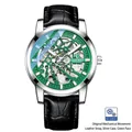 Automatic mechanical watch with green skeleton dial and black crocodile leather strap - Silver Case Green Dial Black Leather Strap