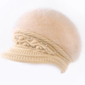 Women's warm beige rabbit fur knit visor hat with elegant pearl embellishments - One Size / Beige (Square Pearl Style)