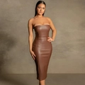 Sleek chocolate brown PU leather tube midi dress with a slim fit and back slit detail - S / Brown