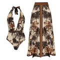 Tropical palm print deep V-neck swimsuit set with matching long skirt for resort wear - S / Swimsuit + Skirt Set